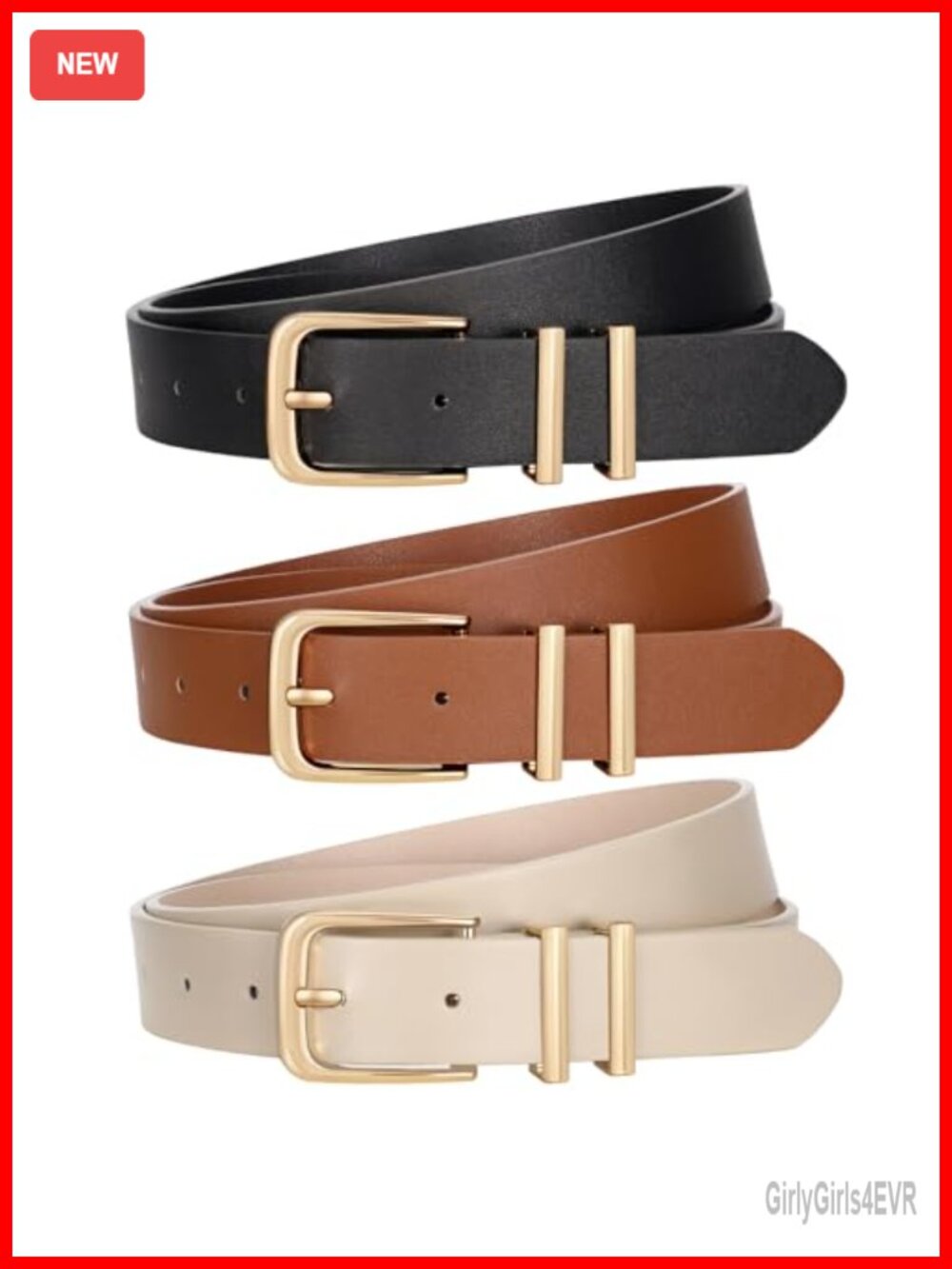 3 Pack Women's Faux Leather Belts Gold Buckle Fit Waist 32-37 Inches